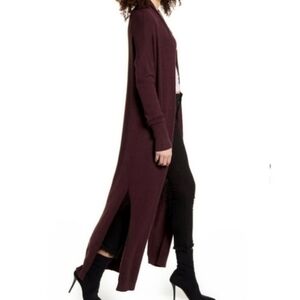 Leith Burgundy Fudge Super Soft Longline Maxi Duster Open Front Cardigan Sweater